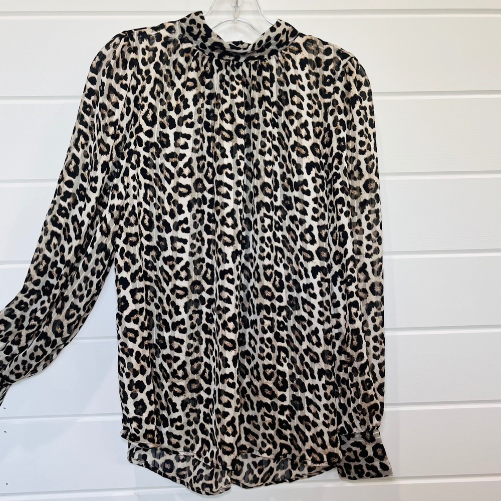 H&M Leopard Print Sheer Blouse Womens L Brown Mock Neck Long Sleeve Chic Office - Picture 2 of 12
